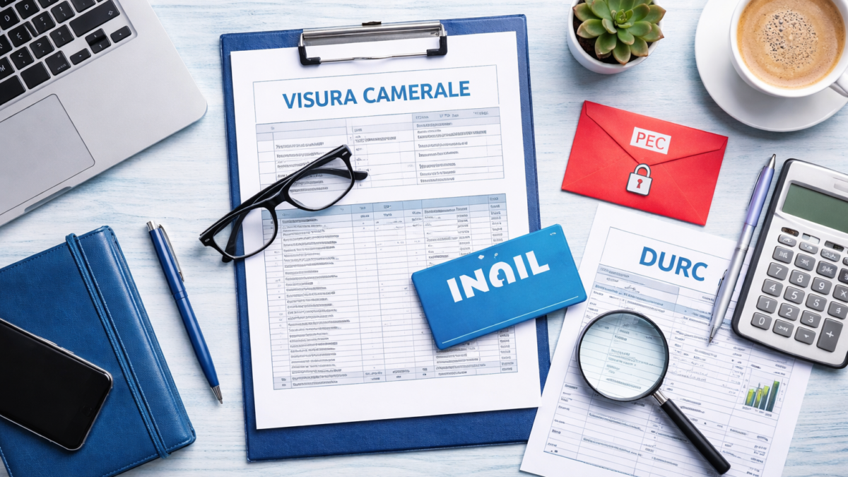 documenti aziendali con visura camerale registro imprese INAIL PEC e strumenti da ufficio su scrivania