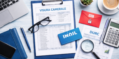 documenti aziendali con visura camerale registro imprese INAIL PEC e strumenti da ufficio su scrivania