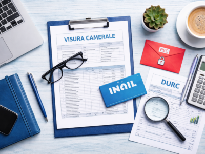 documenti aziendali con visura camerale registro imprese INAIL PEC e strumenti da ufficio su scrivania