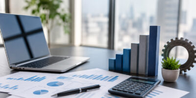Analisi dei costi aziendali e controllo della marginalità con grafici finanziari su scrivania aziendale moderna