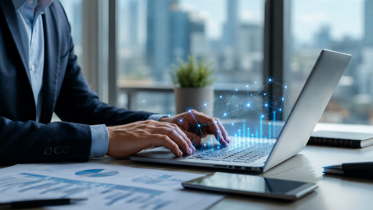Professionista al computer in ufficio moderno mentre analizza dati finanziari digitali per il credito alle PMI e soluzioni fintech per le imprese italiane.
