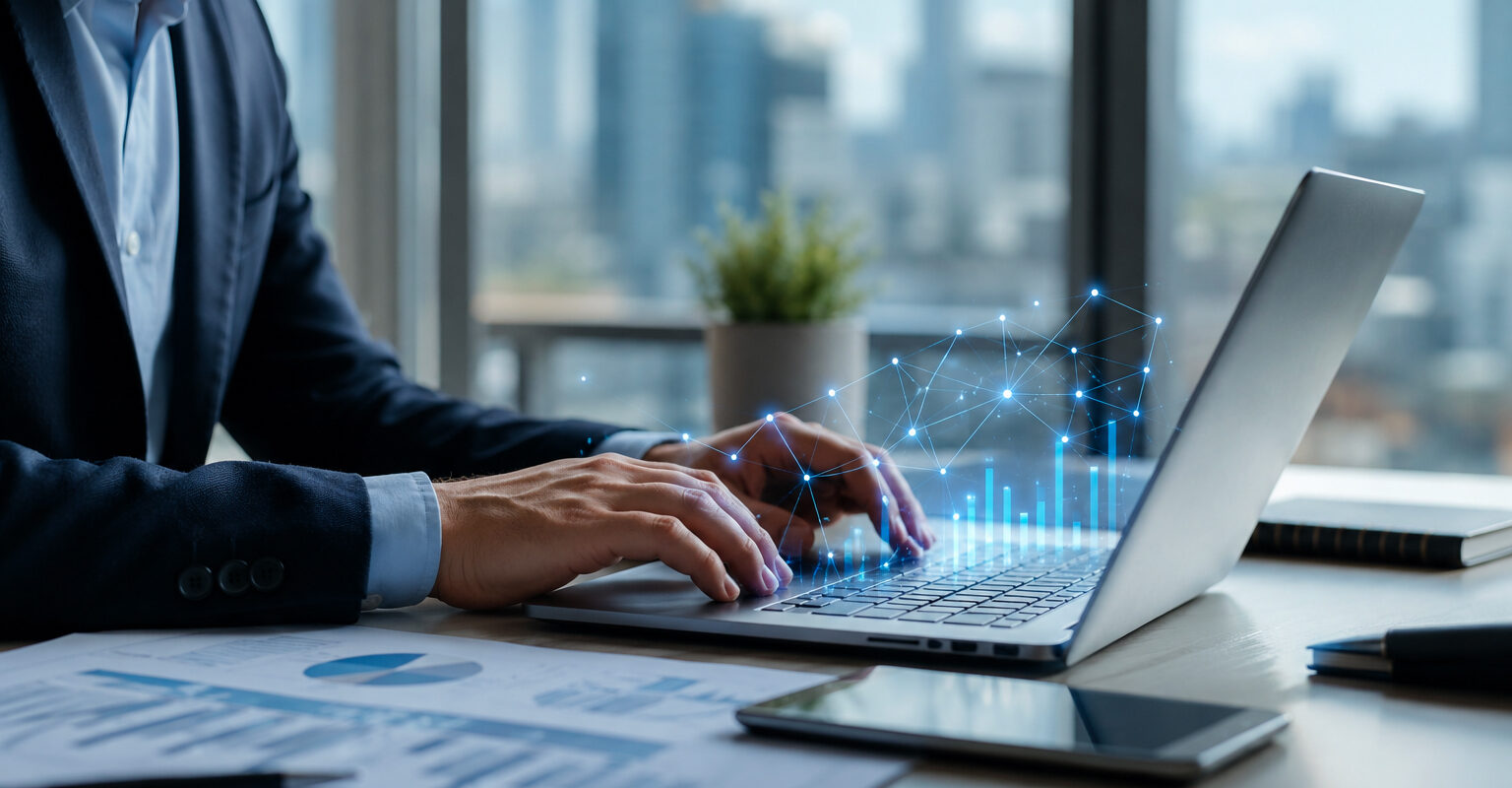 Professionista al computer in ufficio moderno mentre analizza dati finanziari digitali per il credito alle PMI e soluzioni fintech per le imprese italiane.