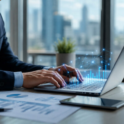 Professionista al computer in ufficio moderno mentre analizza dati finanziari digitali per il credito alle PMI e soluzioni fintech per le imprese italiane.