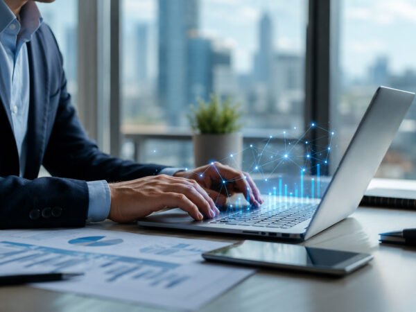 Professionista al computer in ufficio moderno mentre analizza dati finanziari digitali per il credito alle PMI e soluzioni fintech per le imprese italiane.