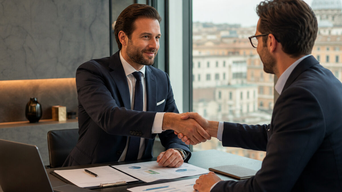 Accordo tra imprenditori durante una trattativa per la compravendita di aziende nel 2026.