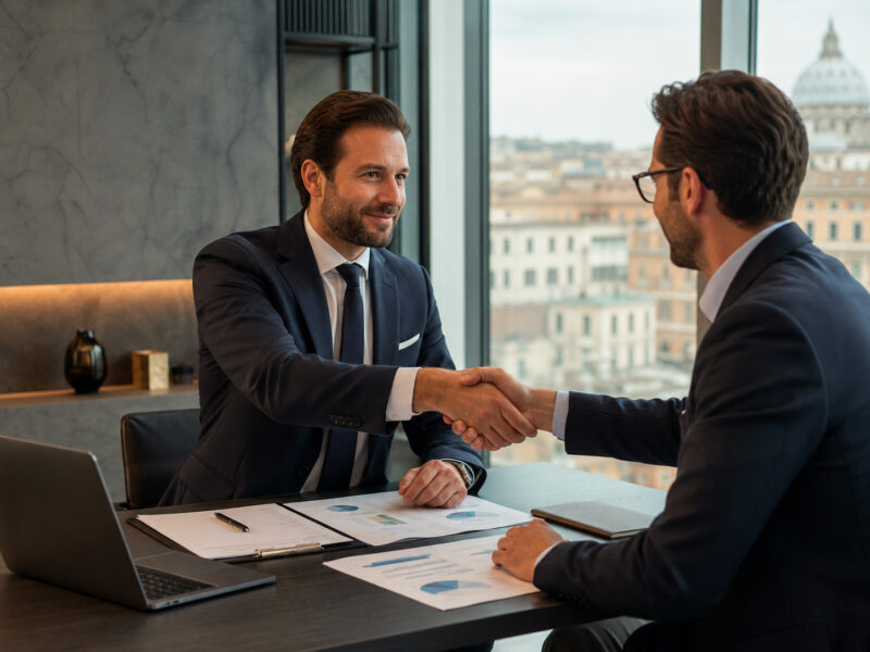 Accordo tra imprenditori durante una trattativa per la compravendita di aziende nel 2026.