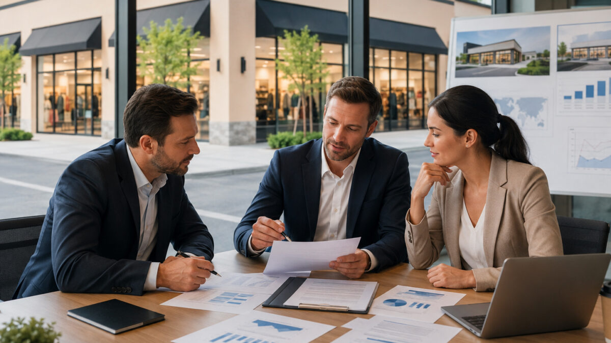 Imprenditori e investitori analizzano un contratto di franchising in un ufficio moderno.