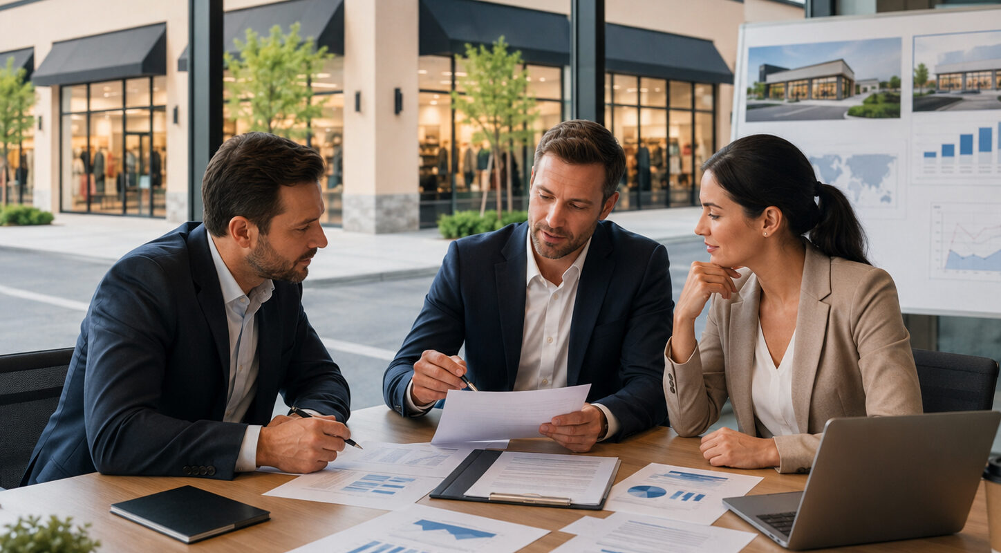 Imprenditori e investitori analizzano un contratto di franchising in un ufficio moderno.