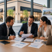 Imprenditori e investitori analizzano un contratto di franchising in un ufficio moderno.