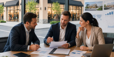 Imprenditori e investitori analizzano un contratto di franchising in un ufficio moderno.