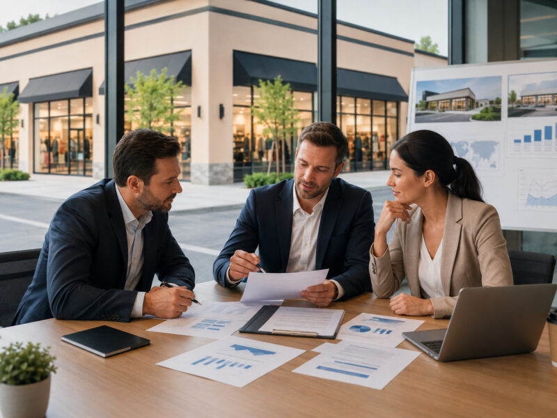 Imprenditori e investitori analizzano un contratto di franchising in un ufficio moderno.