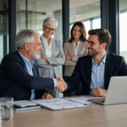 Incontro aziendale tra imprenditore senior e giovane manager per pianificare il passaggio generazionale e la successione imprenditoriale.