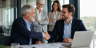 Incontro aziendale tra imprenditore senior e giovane manager per pianificare il passaggio generazionale e la successione imprenditoriale.