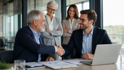 Incontro aziendale tra imprenditore senior e giovane manager per pianificare il passaggio generazionale e la successione imprenditoriale.