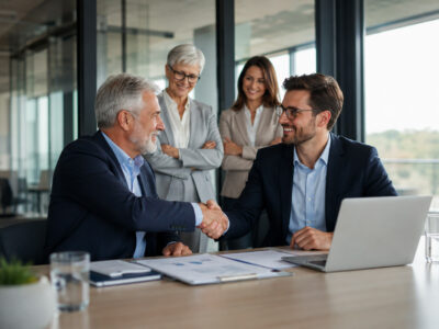 Incontro aziendale tra imprenditore senior e giovane manager per pianificare il passaggio generazionale e la successione imprenditoriale.