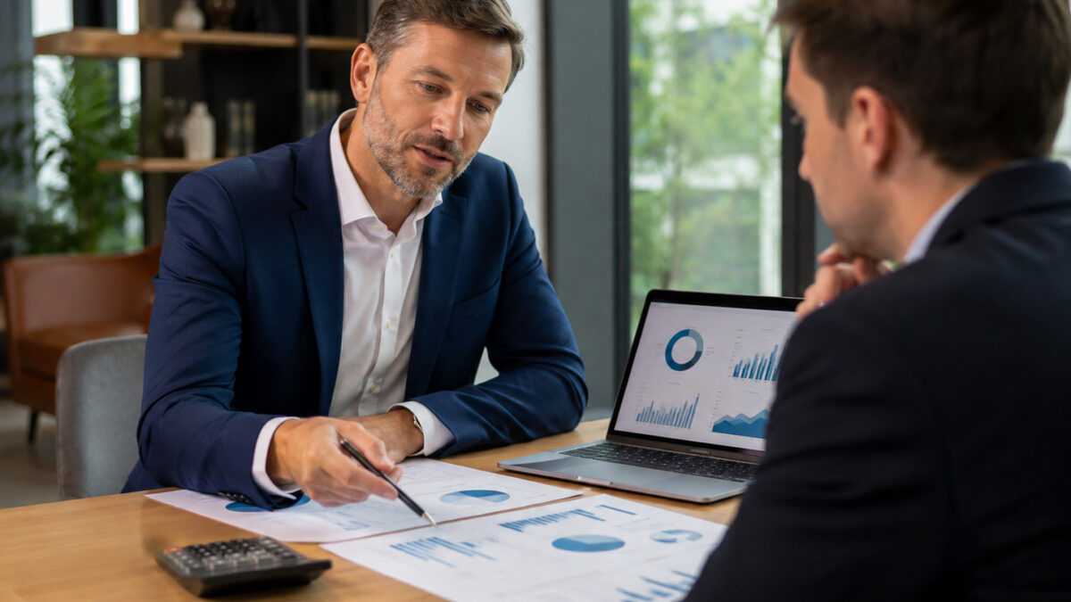 Consulenti analizzano grafici finanziari per la valutazione dell’EBITDA normalizzato di una PMI