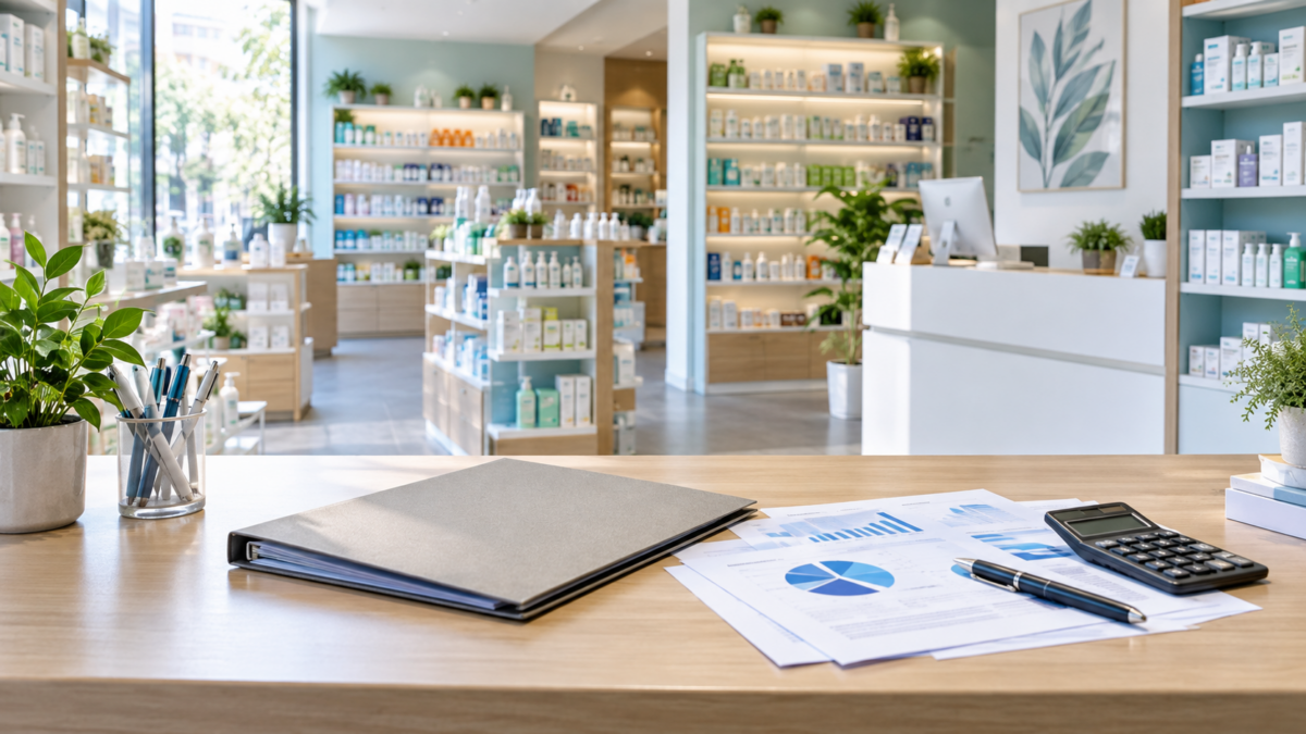 Interno di una parafarmacia con documenti per la valutazione e la vendita
