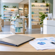 Interno di una parafarmacia con documenti per la valutazione e la vendita