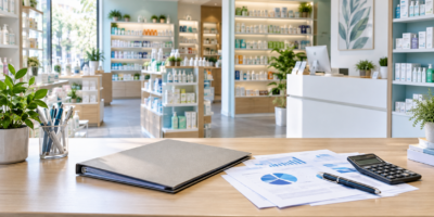 Interno di una parafarmacia con documenti per la valutazione e la vendita