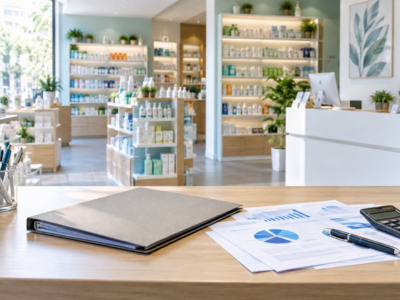 Interno di una parafarmacia con documenti per la valutazione e la vendita