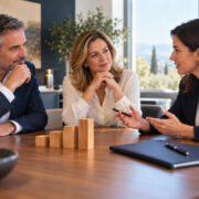 Imprenditori e consulente discutono la vendita di un’azienda, con blocchi crescenti sul tavolo a simboleggiare i risultati futuri.
