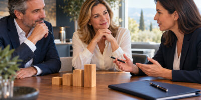 Imprenditori e consulente discutono la vendita di un’azienda, con blocchi crescenti sul tavolo a simboleggiare i risultati futuri.